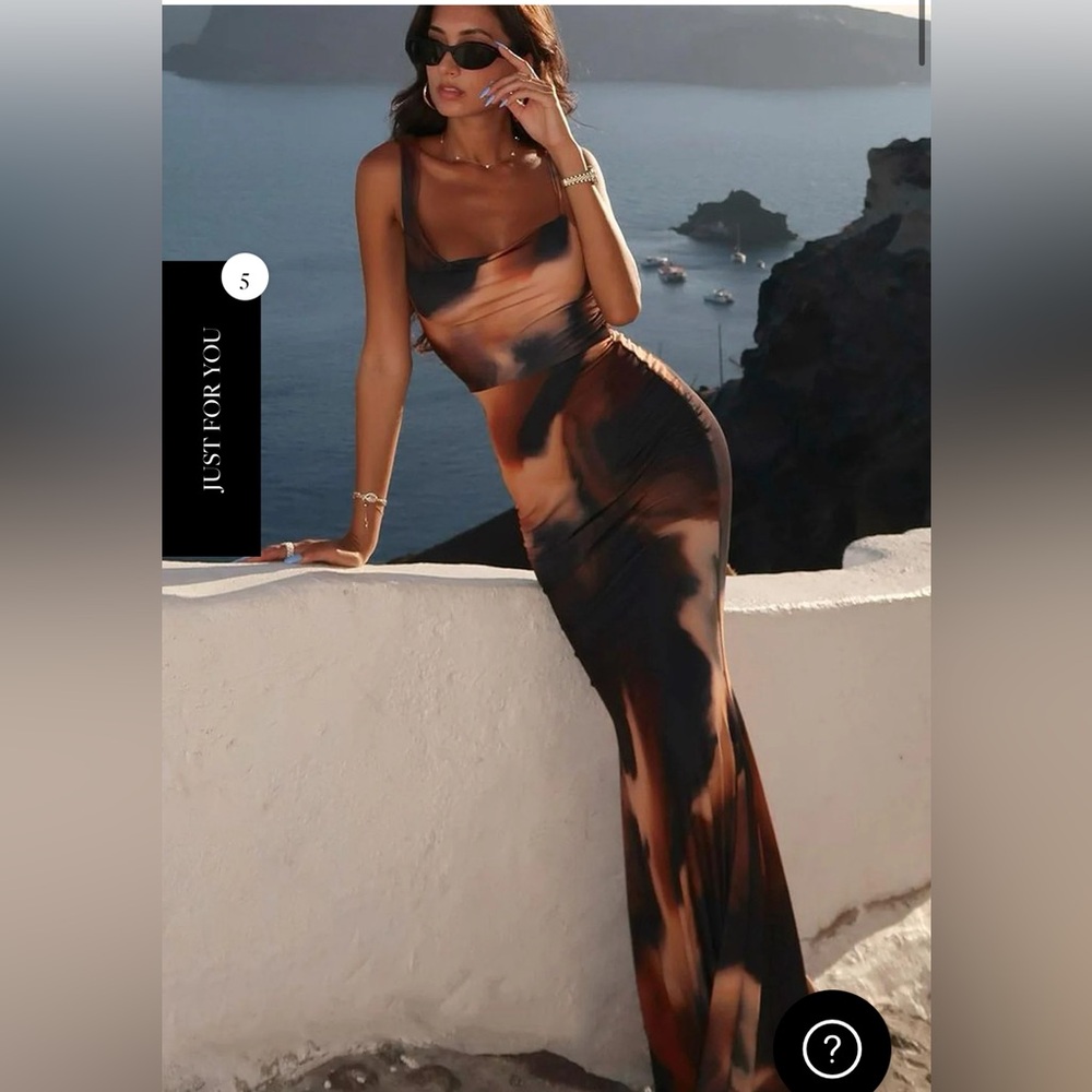 PHANTASY ORANGE SMOKE PRINT ASYMMETRIC NECKLINE COWL MAXI DRESS